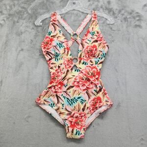 NEW LIORA Swimsuit Size 6 Floral Print Deep V Neck Ring Front Back One Piece